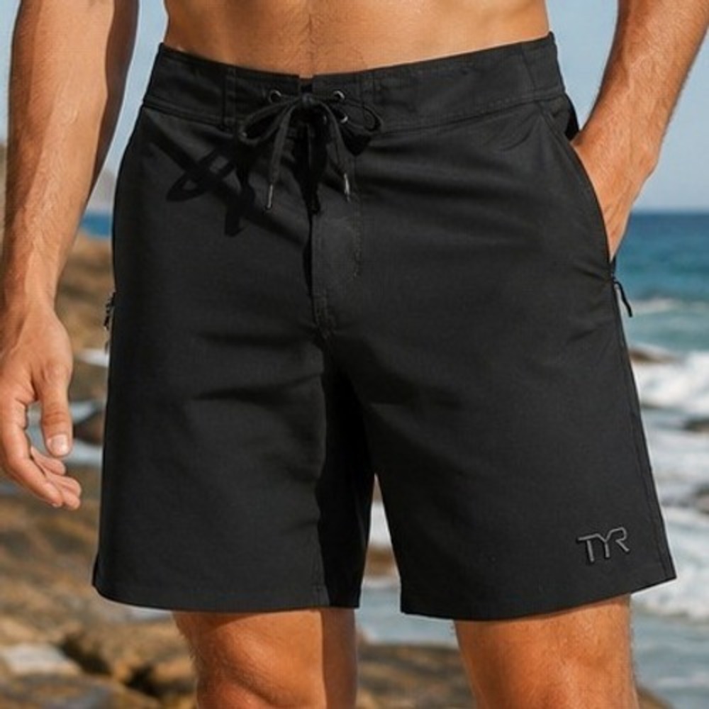 TYR Mens Size 32 Solid Mobius Board Shorts Black Hydrosphere Swim Trunks Summer